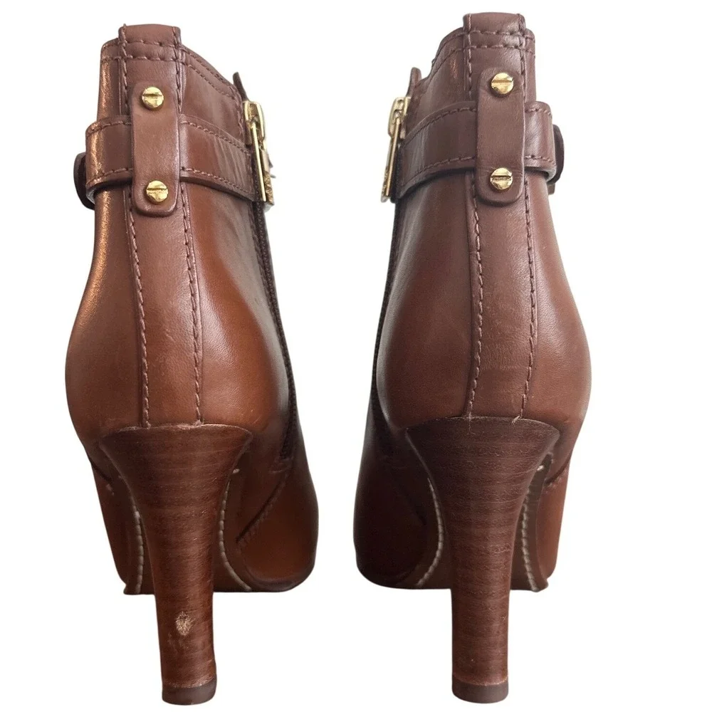Tory Burch Cognac Leather Logo Strap Ankle Booties Stiletto Heel Size 8